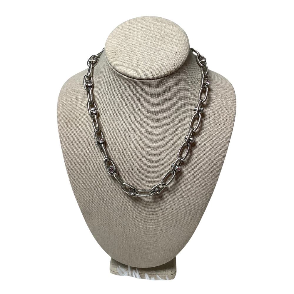 Ann Taylor Silver Tone Chunky Chain Link Crystal Necklace Statement Edgy A30-22